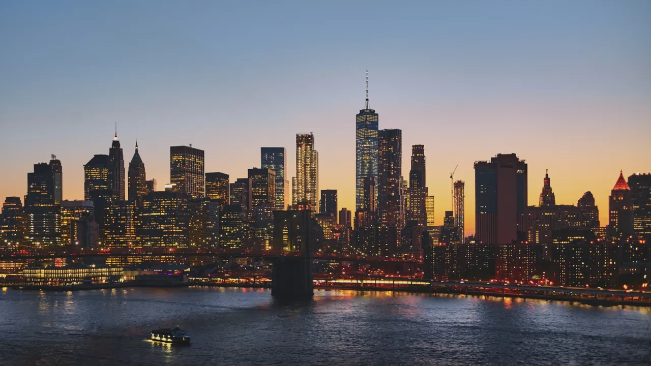 Aerial view of the Manhattan skyline at dusk, representing the US market covered by this comparison of the best B2B SEO agency options for 2026
